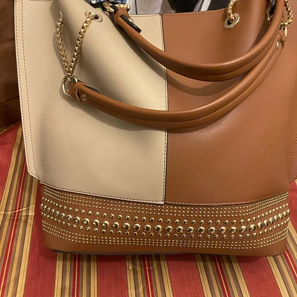 Two-Tone Cream and Tan Studded Tote Bag